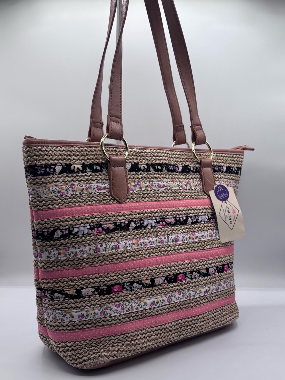 St. John's Bay Pink Striped Floral Woven Tote